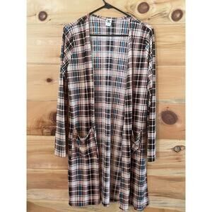 Sew in Love women's plaid open front long cardigan. Pockets. SMALL. pink teal bl